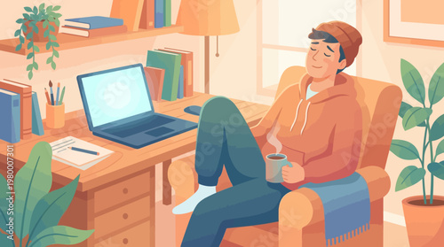 Calm Work Break Moment with Laptop and Coffee Flat Vector Illustration