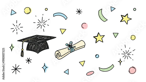 Academic Achievement Celebration: Capturing the essence of scholastic triumph, this illustration features a graduation cap and scroll, adorned with celebratory elements.