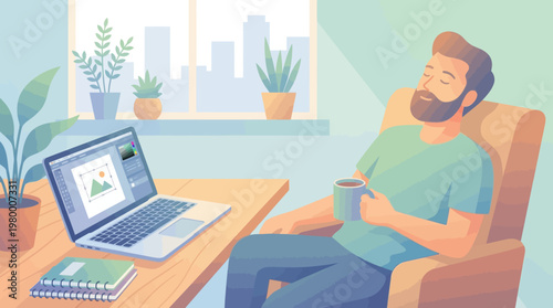 Tired Creative Worker Taking Break in Home Office Cozy Scene Vector