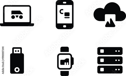 Set of black computer network icons featuring laptops smartphones cloud storage flash drives and server racks
