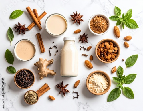 Assorted natural ingredients including spices herbs nuts and a small bottle of lotion or extract arranged on a white background for skincare or culinary use