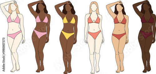 Flat vector illustration of diverse women bodies in bikinis, showcasing body positivity, different skin tones, modern fashion diversity