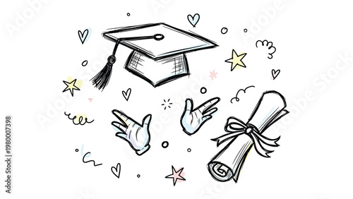 Graduation Celebration Illustration: A celebratory illustration featuring the iconic graduation cap, a rolled diploma, and whimsical doodles.