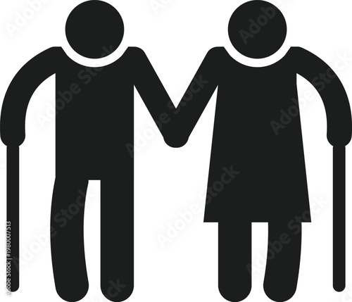 Black silhouette icon of an elderly couple walking with canes and holding hands, isolated on transparent background