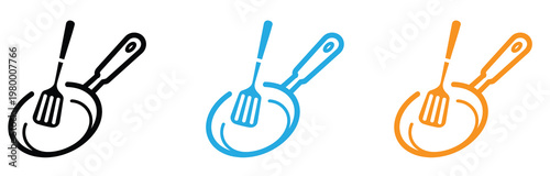 Colorful icon set of frying pan and spatula kitchen utensils for cooking and recipe design