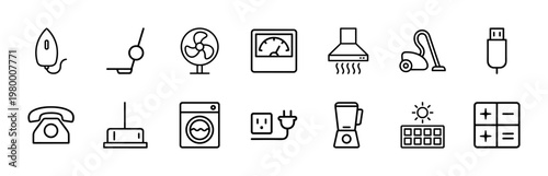 Minimalist home appliances and electronic device line icon set