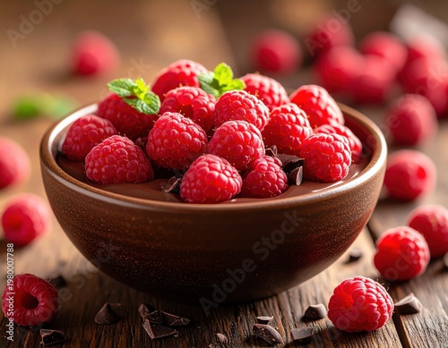 Delicious fresh raspberries in a rustic wooden bowl with mint leaves on a dark wooden background, close-up, vibrant red color and natural lighting
