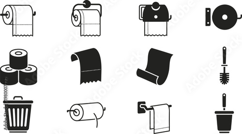 Toilet Paper Rolls Holders Towel Rack and Bathroom Cleaning Icons with Trash Can Keywords: toilet paper roll icon, toilet paper holder icon