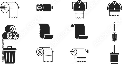 Toilet Paper Rolls Holders and Bathroom Cleaning Icons with Trash Can and Brush Keywords: toilet paper roll icon, toilet paper holder icon, stacked