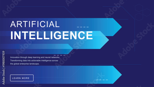 Artificial intelligence concept banner with blue gradient arrows, abstract digital technology background, data learning and neural networks design