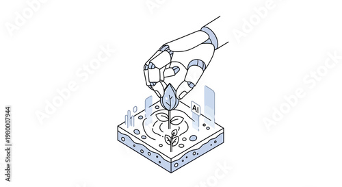 Robotic Hand Planting a Sprout on Isometric Soil Patch - AI Smart Agriculture and Sustainable Technology Concept Illustration