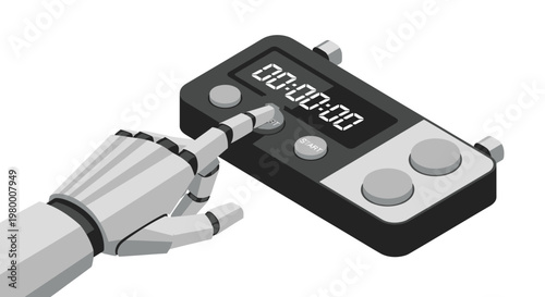 Robot Hand Pressing Start Button on Digital Chess Clock Timer, Isometric AI Technology Concept
