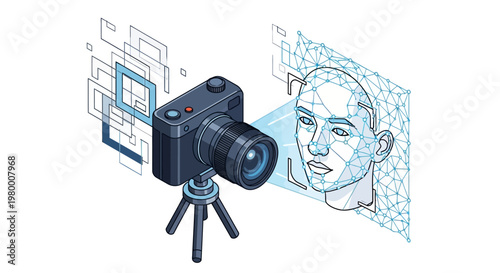AI Facial Recognition Technology and Biometric Identity Scanning Concept with Camera and Digital Wireframe Mesh