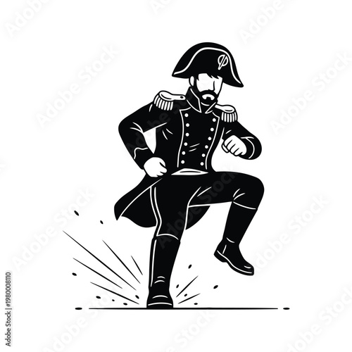 Historical illustration of a military officer in mid-step with dramatic motion