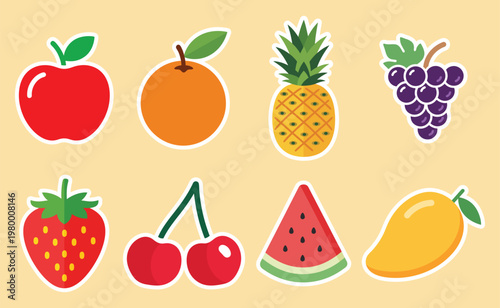 Colorful Fruit Sticker Set Cartoon Vector Illustration
