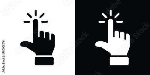 Black pointing finger adjacent to black square featuring white finger with radiating starburst sparkle. Minimalist vector icon for magic tap, highlight, success actions in UI, apps, promotional graphi