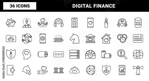 52 Editable finance and money outline icons set growth graphs piggy bank calculator digital transactions.