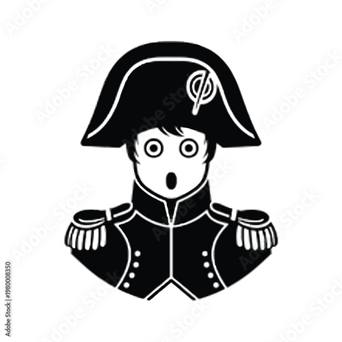Cartoon depiction of a surprised napoleonic soldier in black uniform and bicorne hat