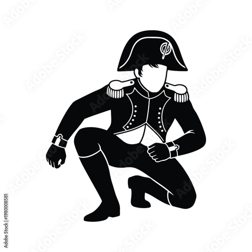 Napoleonic officer kneeling in contemplation with military attire and bicorne hat