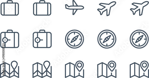 Set of travel icons featuring suitcases airplanes compasses and maps for navigation and tourism planning projects