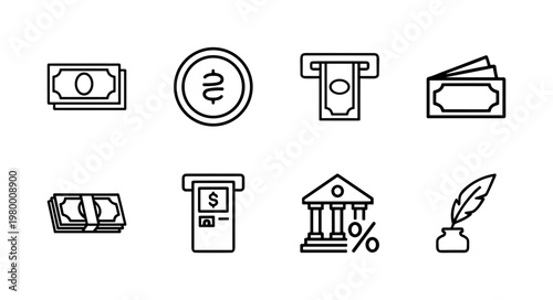 Business and finance line icons for banking and economy.