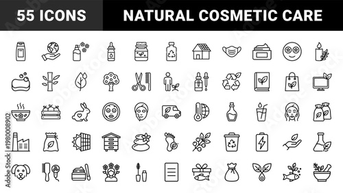 Sustainable beauty and eco friendly cosmetic line icon set