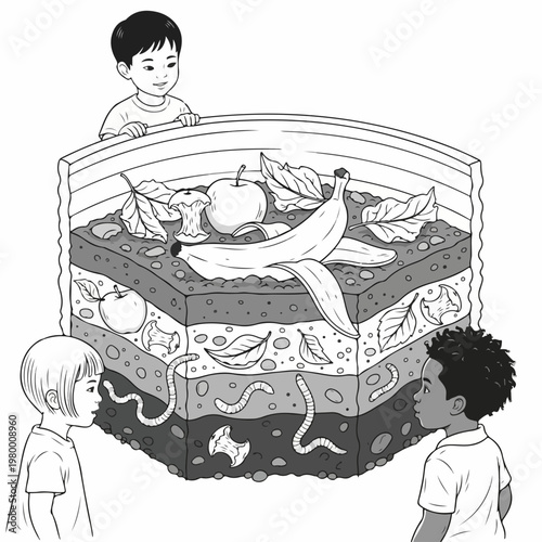 Vector illustration of kids learning about composting with worms and fruit in a layered bin.