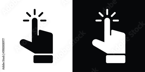 Black pointing finger adjacent to black square featuring white finger with radiating starburst sparkle. Minimalist vector icon for magic tap, highlight, success actions in UI, apps, promotional graphi