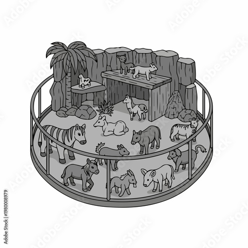 Vector illustration of zoo animals in safari park enclosure with fence and palm tree.