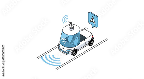Autonomous Self-Driving Car Isometric Illustration with Navigation GPS Pin and Sensor Signal Waves, Future Transportation and Smart City Technology Concept