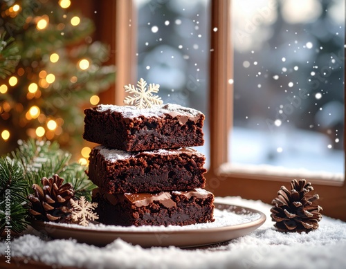 Delicious Christmas chocolate brownies stacked on a white plate near a snow-covered window with pinecones and a decorated Christmas tree in the background du winter