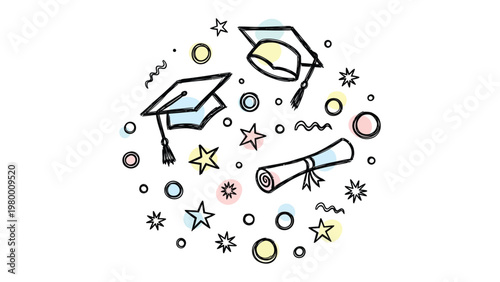 Graduation: A celebratory illustration featuring graduation caps and diplomas, surrounded by stars and confetti. It’s a visual representation of academic accomplishment.