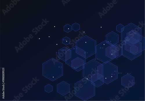 Abstract dark blue background with glowing geometric hexagon shapes and light particles, digital technology concept