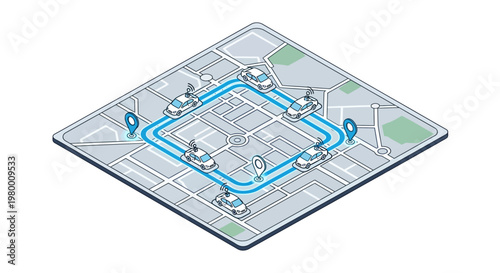 Isometric Illustration of Autonomous Self-Driving Cars Navigating a Smart City Map with GPS Pins and Connected Technology Loop