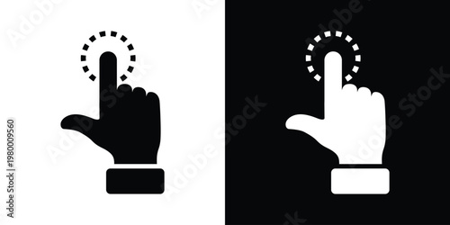 Black index finger pointing up next to black square with white finger and dotted circular ripple tap. Clean line art vector for press animation, touch feedback, UI elements in apps, websites. High-con