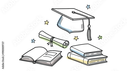 Academic Achievement: Symbolic illustration of academic success, featuring essential elements of higher learning: a graduation cap, diplomas, and books. 