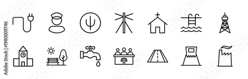 Minimalist public services and city infrastructure line icon set