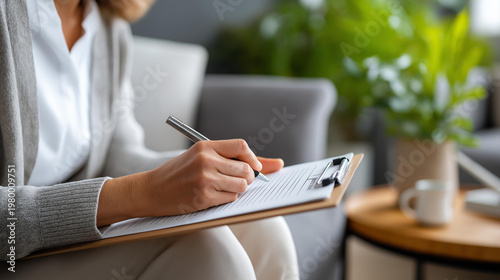 Woman's hands and therapist's clipboard during a counseling session, mental health therapy assessment concept, anxiety and trauma recovery, professional support, with copy space