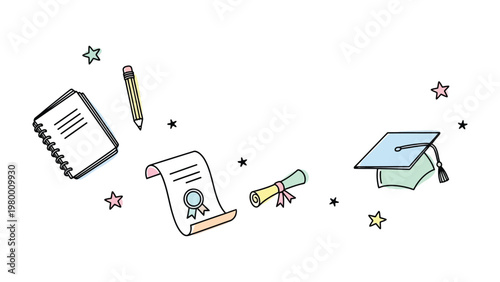 Academic Attainment: A conceptual illustration celebrating academic milestones, featuring essential elements such as a graduation cap, certificate, diploma, notebook and pencil. 