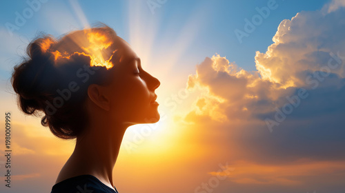 Woman silhouette with a sun breaking through clouds inside her head, mental health and weather-dependent mood concept, inner thoughts and emotional well-being visualization, with