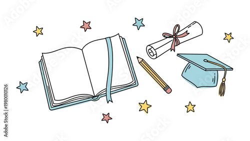 Graduation Essentials Illustration: An artistic depiction of graduation symbols, encompassing a diploma, a mortarboard, an open book with blank pages, a pencil, and an array of stars.