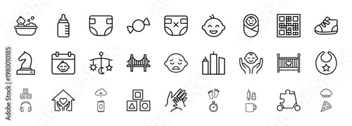 Minimalist family and baby care outline icon set for parenting apps.
