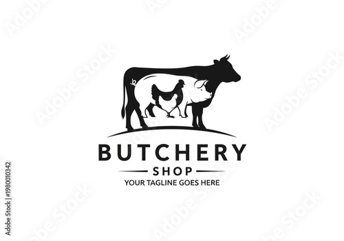 Butchery Shop Logo Template with Silhouette Farm Animals: Cow, Pig, and Chicken. Minimalist Vector Emblem for Meat Market, Steakhouse, or Barbecue Restaurant.