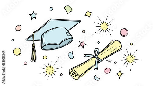 Graduation Symbols: A cheerful collection of graduation symbols, a mortarboard and a rolled-up diploma, symbolize the achievement of education, set against a backdrop of celebratory confetti.