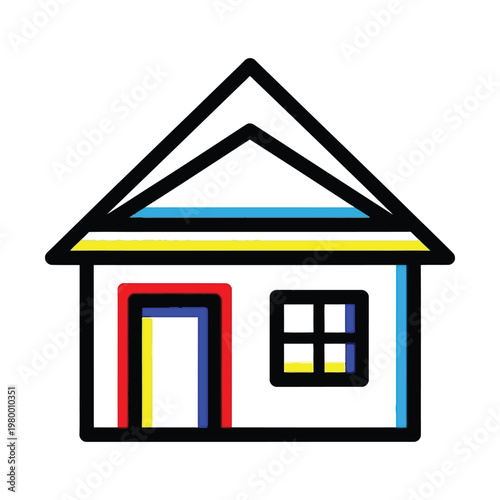 Minimalist house icon with glitch effect, modern residential building vector illustration, geometric home symbol with red blue and yellow accents for real estate apps