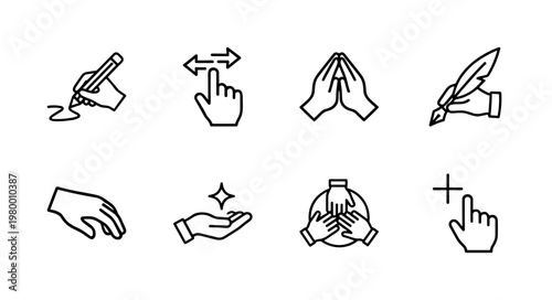 Minimalist business hands and finger gestures line icon set