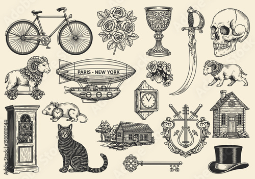 Vintage Engraving Illustration Set: Retro Woodcut Elements featuring Skull, Zeppelin, Animals, and Antique Icons
