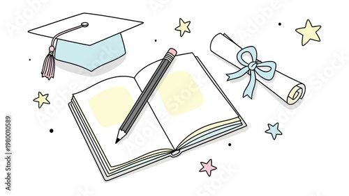 Education Essentials: A whimsical illustration showcases the core elements of education: a graduation cap, a pencil resting on an open book, and a rolled diploma.
