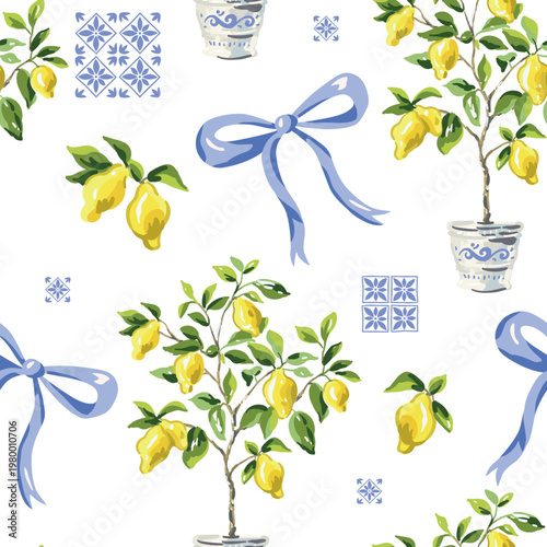 Lemon trees in the pots, bows, yellow lemon fruits, blue ceramic tile, white background. Vector illustration. Seamless pattern. Summer trendy design. Italian coast