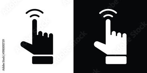Black index finger pointing beside black square with white finger emitting curved signal waves. Sleek vector for wireless tap, connection, scan gestures in tech UI, apps, interfaces. Modern minimalist